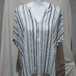Maurices Green And Tan Striped Blouse with Zipper